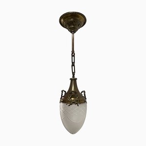 Große antike Deckenlampe aus Milchglas & Messing