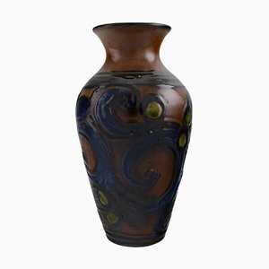 Glazed Stoneware Vase with Blue Foliage on a Brown Background from Kähler, Denmark