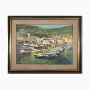 Mario Evangelisti, Summer Italian Harbor, 1973, Oil on Canvas