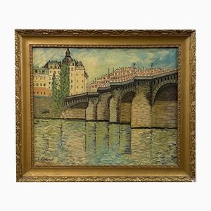 Roberto Gherardi, Un pont à Paris, 1974, Huile sur Bois, Encadré