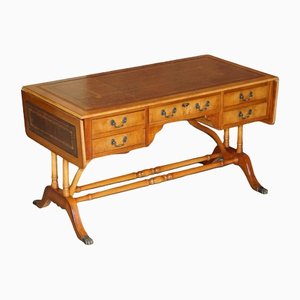 Brown Leather & Burr Yew Wood Extending Writing Desk