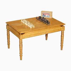 Vintage Honey Oak Chess Board Coffee Table With Chess Set