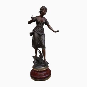 French Beautiful Girl on Wood Base Statue by Rancoulet