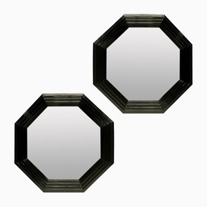 Large Octagonal Black Lacquered Mirrors, Set of 2
