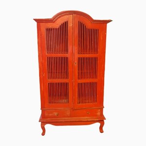 Tall Red Painted Teak Cabinet, 1950s