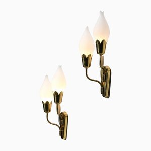 Tulip Sconces with Opaline and Brass from Fog & Morup, Sweden, Set of 2