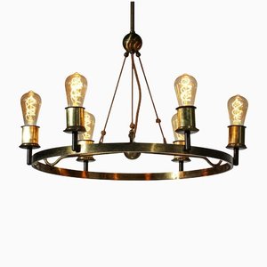 French Modernist Chandelier with 6 Bulbs in Brass in the Style of Jacques Quinet, 1940s
