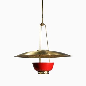 Italian Red and Brass Ceiling Lamp in Solid Brass Attributed to Stilnovo, 1950s