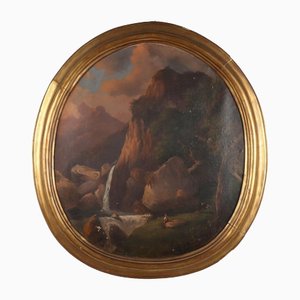 Landscape with Waterfall and Pastor, Oil on Canvas, Framed