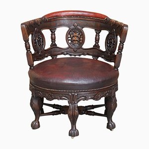 Chaise Victorienne Antique en Cuir Sculpté