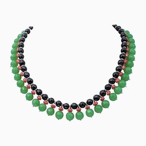 9 Karat Rose Gold & Silver Necklace with Diamonds, Green Agate, Coral, & Onyx