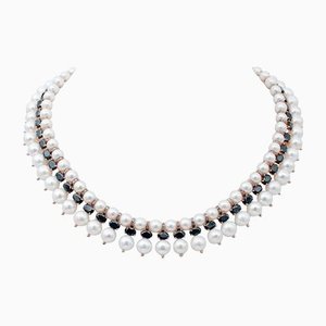 9 Karat Gold and Silver Retrò Necklace With Diamonds, Aquamarine, & Grey Pearls
