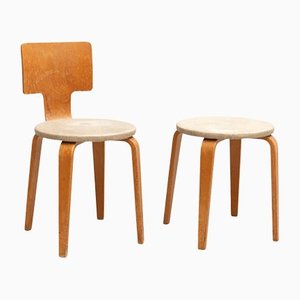 Plywood & Upholstery Chair and Stool by Cor Alons for Den Boer, 1950s, Set of 2