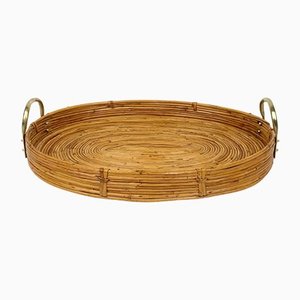 Bamboo, Rattan & Brass Oval Serving Tray, Italy, 1970s