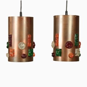 Brutalist Colorful Copper Pendant Lamps from Fischer Leuchten, 1970s, Set of 2