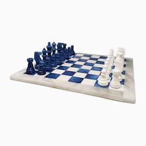 Blue & White Volterra Alabaster Chess Set, Italy, 1970s, Set of 33