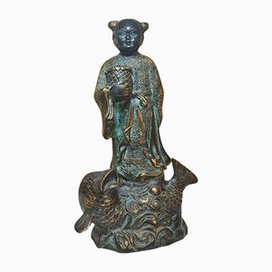 19th-Century Chinese Bronze Sculpture of Immortal Lan Caihe Riding Carp