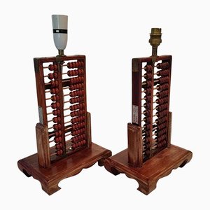 Mid-Century Chinese Rosewood Diamond Abacus Lamps, Set of 2