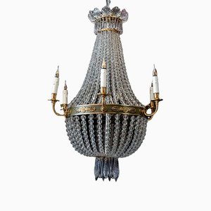 Lámpara de araña con globo de bronce dorado y cristal, siglo XIX