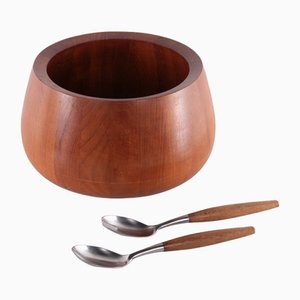 Teak Wooden Bowl With Salad Cutlery by Jens Quistgaard for Dansk Design, Set of 3