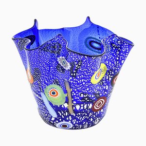 Blaues Bacan Taschentuch mit riesigem Murrine, Wasserzeichen und versenktem Silber von Murano Glam
