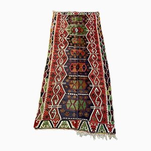 Large Vintage Turkish Red Black Green Wool Kilim Rug