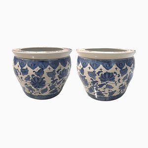 Chinese Jardiniere Porcelain with Crisantemos in Blue, 1920s, Set of 2