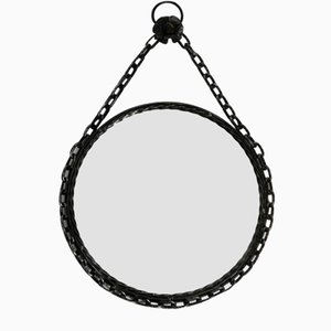 Brutalist Mid-Century Design Wall Mirror with Wrought Iron Frame and Chain