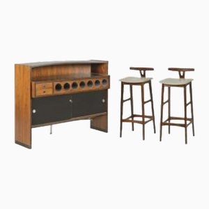 Mid-Century Danish Polished Teak, Oak, and Rosewood Bar Cabinet with Three Stools by Erik Buck for Dyrlund, Set of 4