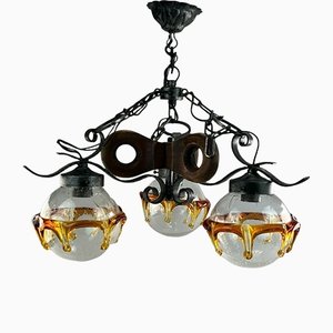 Brutalist Iron & Murano Glass Ceiling Lamp, 1960s