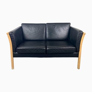Danish Black Leather Sofa, 1980s