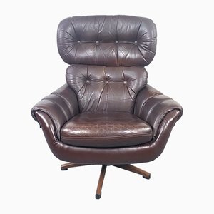 Brown Leather Lounge Chair, 1970s, Sweden