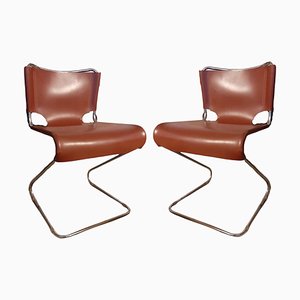 Mid-Century Modern French Chrome-Plated Metal & Brown Leather Chairs by Pascal Mourgue for Mobelical, Set of 2
