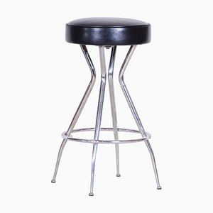 Small Black Leather Bar Stool, 1930s