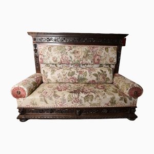Sofa in Rose Damask Fabric with 2 Drawers & Carved Back, Italy, 1900s