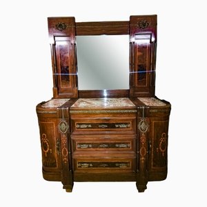Art Nouveau Dresser with Mirror, Inlays, Brass & Pink Marble, Italy
