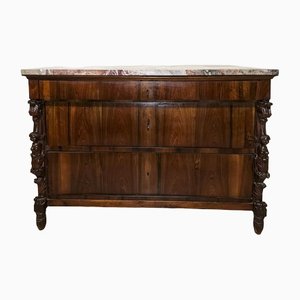 Dresser with Three Drawers in Walnut with Pink Veined Marble Top, Italy, 1830s