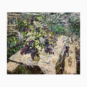 Georgij Moroz, Lilacs on the Table in the Garden, 1991, Óleo sobre lienzo