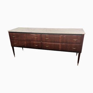 Art Deco Italian Mid-Century Burl Wood and White Marble Credenza Sideboard, 1950s