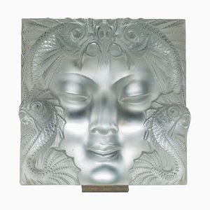 Decorative Woman's Mask Plate with Metal Support by Lalique, France