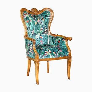 Vintage Italian Carved Walnut Armchair with Birds of Paradise Upholstery