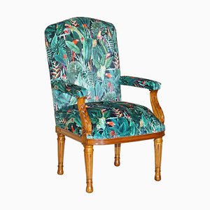 Vintage English Carver Walnut Armchair with Birds of Paradise Upholstery