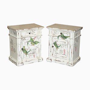 Hand Painted Parrots / Birds of Paradise Side End Table Bedside Drawers, Set of 2
