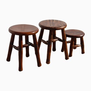 Vintage French Wooden Milking Stools, Set of 3