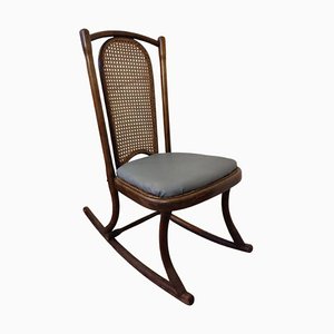 Rocking Chair Antique en Bois Courbé avec Dossier en Jonc