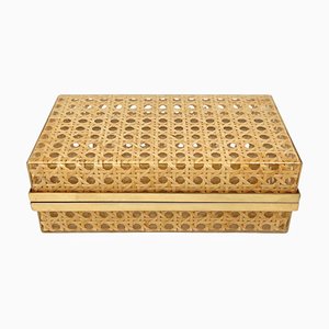 Rectangular Acrylic Glass, Rattan and Brass Box in the Style of Christian Dior Home, Italy, 1970s