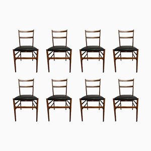Leggera Stühle aus Holz & schwarzem Leder von Cassina, 1950er, 8 Set