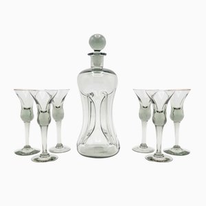 Decanter and Cordial Glasses in Grey Smoked Glass from Holmegaard Denmark, 1950s, Set of 7