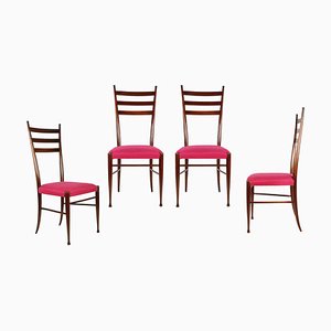 Wood and Magenta Fabric Dining Chairs by Paolo Buffa, 1950s, Set of 4