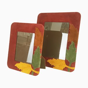 Italian Multicolored Leather Velvet & Glass Picture Frames, Set of 2